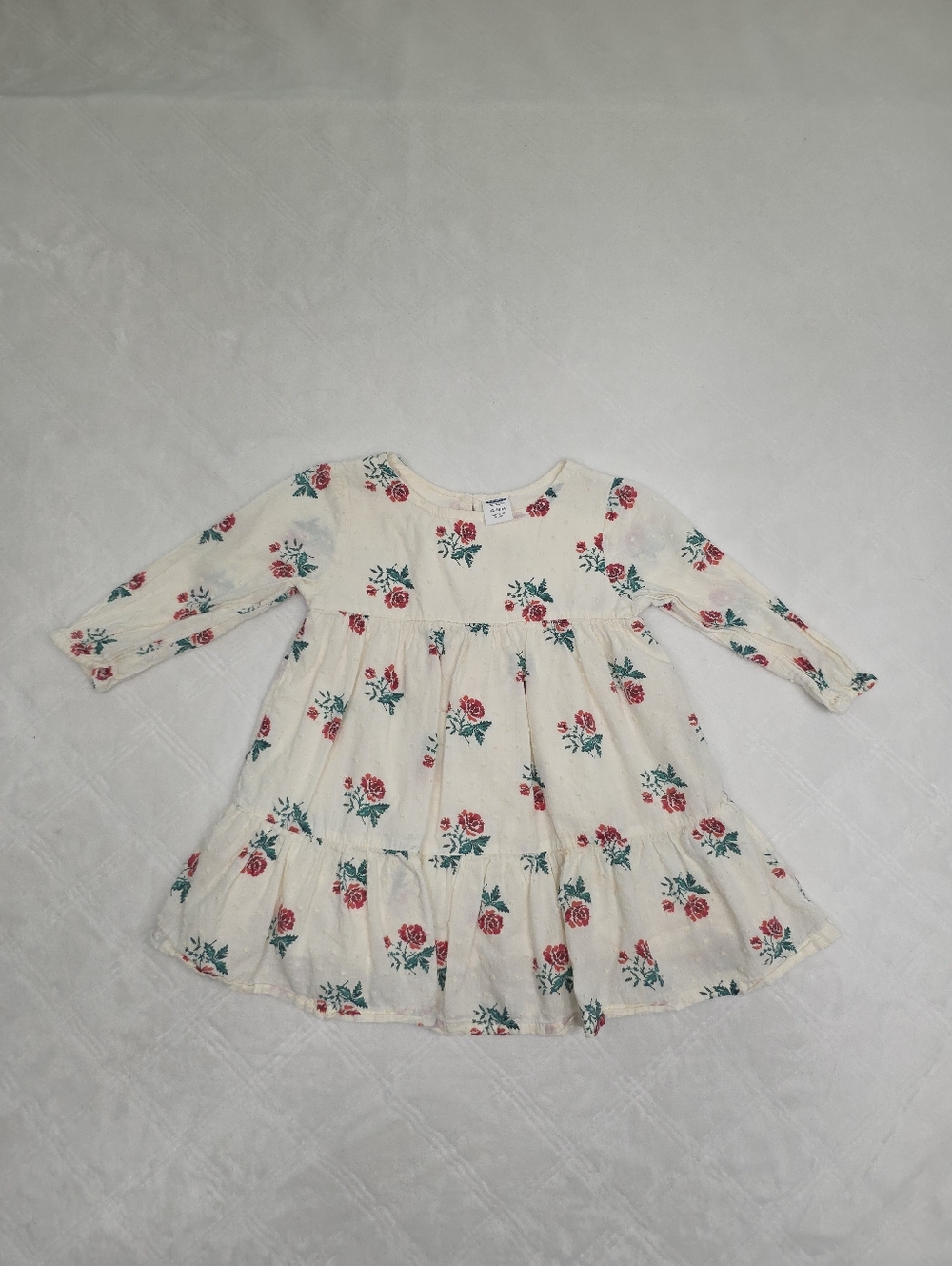 Old Navy Cream Dress with Red Rose Print and Green Leaves